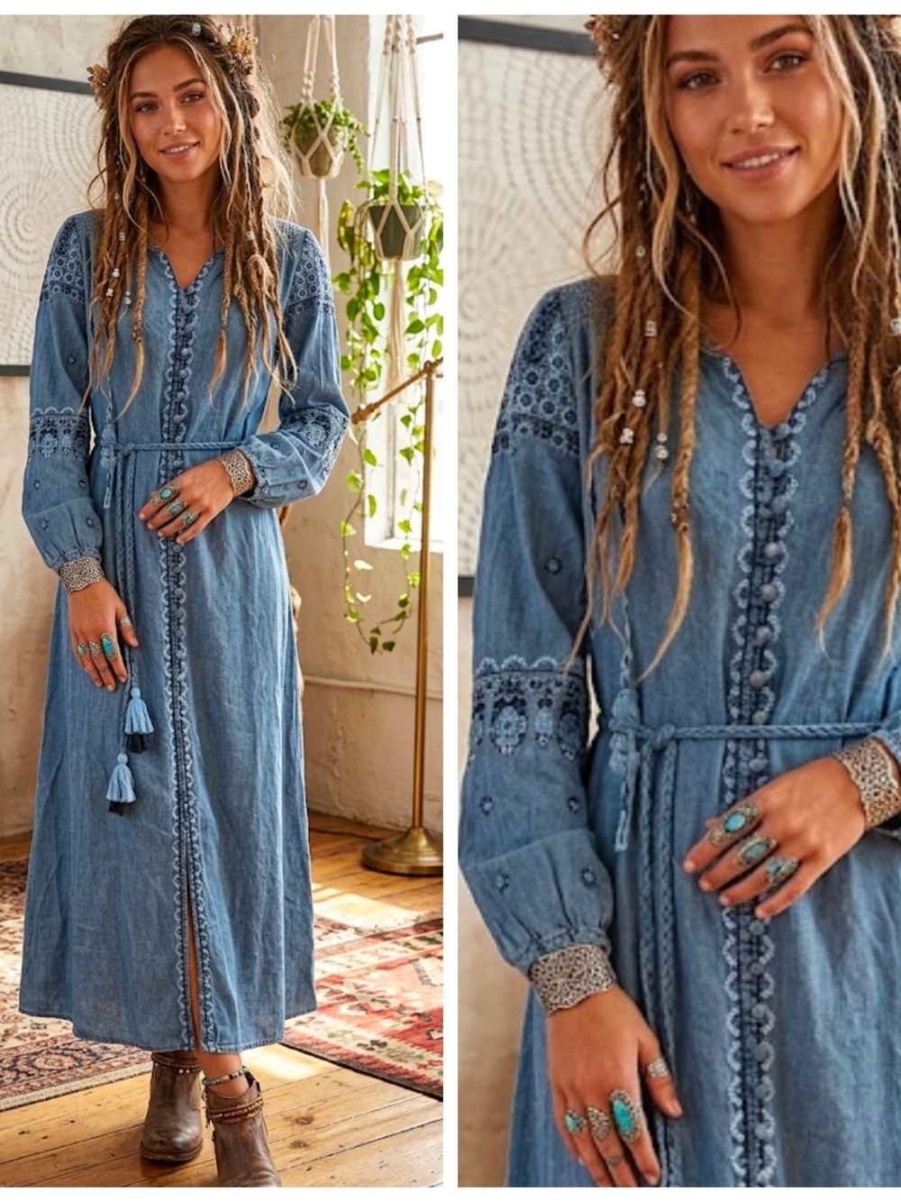 Boho Chambray Maxi Dress with Embroidered Details - Blue
